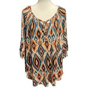 Dear Scarlett Aztec Tie Neckline With Flair Sleeves Tunic Top